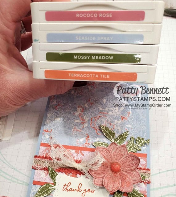 Color Combo for Stampin' UP! Woven Thread Suite card idea featuring designer paper, and the Floral Essence stamp set and flower punch bundle. Stampin' UP! In Colors: Seaside Spray, Terracotta Tile & Rococo Rose. www.PattyStamps.com