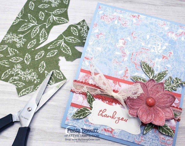 Stampin' UP! Woven Thread Suite card idea featuring designer paper, and the Floral Essence stamp set and flower punch bundle. Stampin' UP! In Colors: Seaside Spray, Terracotta Tile & Rococo Rose. www.PattyStamps.com