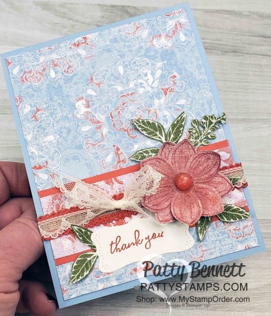 Stampin' UP! Woven Thread Suite card idea featuring designer paper, and the Floral Essence stamp set and flower punch bundle. Stampin' UP! In Colors: Seaside Spray, Terracotta Tile & Rococo Rose. www.PattyStamps.com