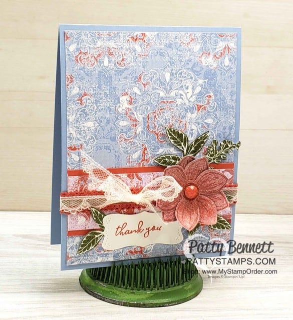 Stampin' UP! Woven Thread Suite card idea featuring designer paper, and the Floral Essence stamp set and flower punch bundle. Stampin' UP! In Colors: Seaside Spray, Terracotta Tile & Rococo Rose. www.PattyStamps.com