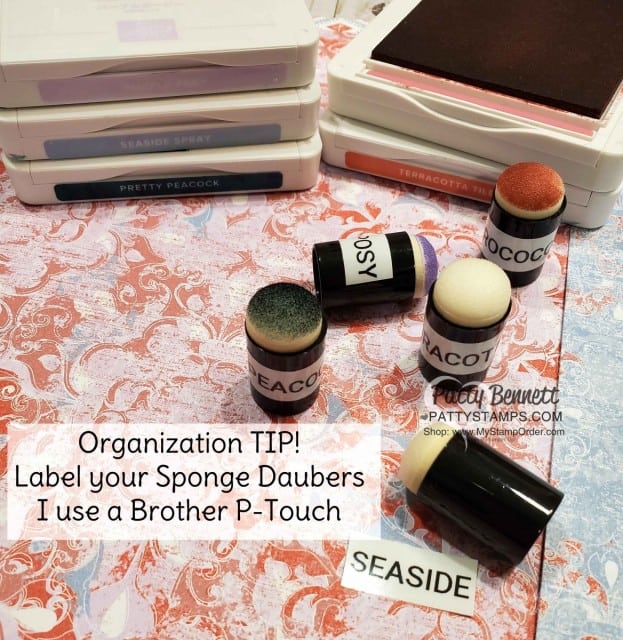 Craft Room Organization Tip: Label your sponge daubers with a Brother P-Touch (or other) label machine to keep them organized! www.PattyStamps.com