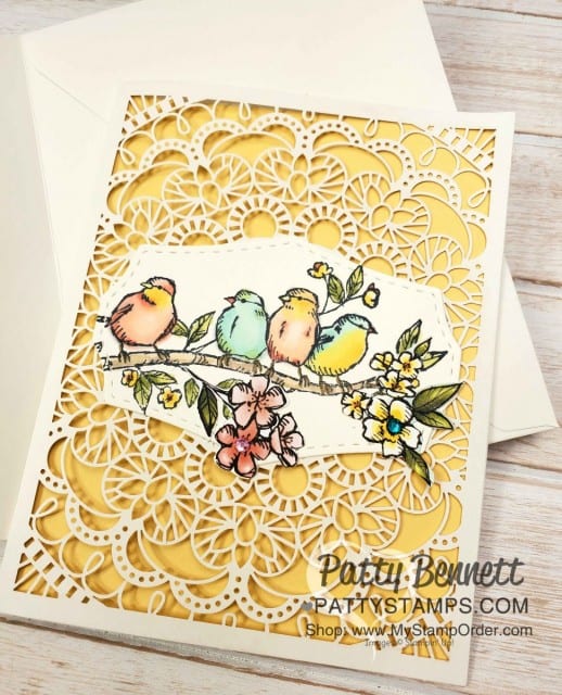 Laser Cut Card featuring Stampin' Up! Free as a Bird stamp set and Bird Ballad designer paper. by Patty Bennett www.PattyStamps.com