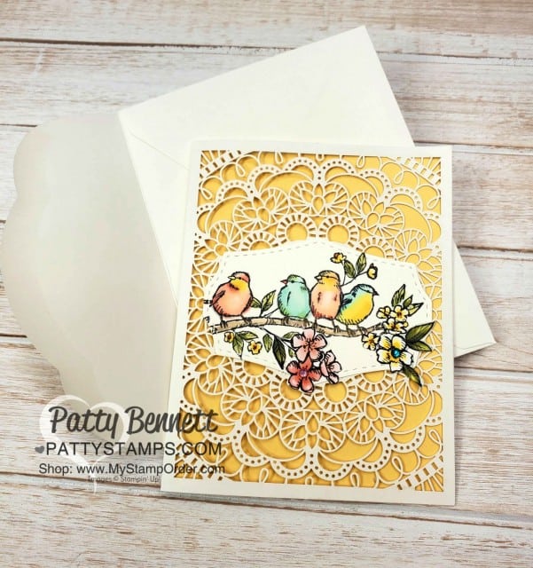 Laser Cut Card featuring Stampin' Up! Free as a Bird stamp set and Bird Ballad designer paper. by Patty Bennett www.PattyStamps.com
