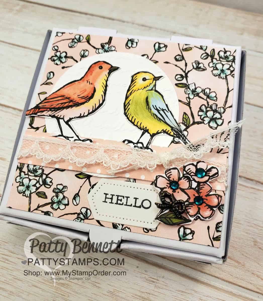 Pizza Box 3D gift packaging featuring Stampin' Up! Free as a Bird stamp set and Bird Ballad designer paper. by Patty Bennett www.PattyStamps.com