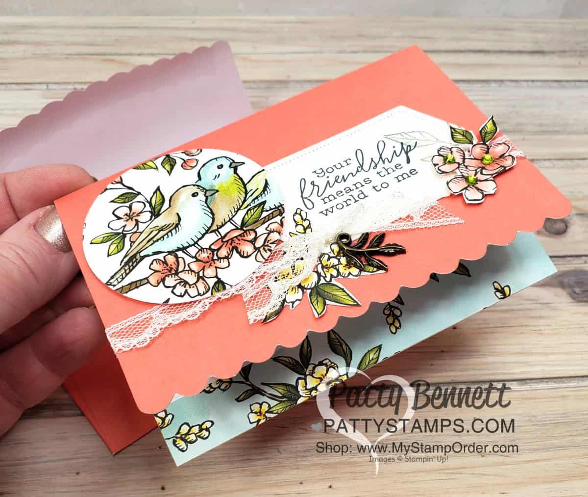 Scalloped Note Card featuring Stampin' Up! Free as a Bird stamp set and Bird Ballad designer paper. by Patty Bennett www.PattyStamps.com