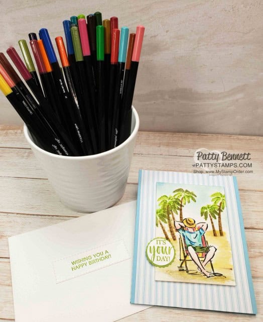Birthday card and Amazon Gift Card Holder for Eric featuring Stampin' Up! stamp sets: A Good Man and Friend Like You. Stamped on Watercolor paper and colored with Stampin' UP! watercolor pencils and Aqua Painter, by Patty Bennett www.PattyStamps.com