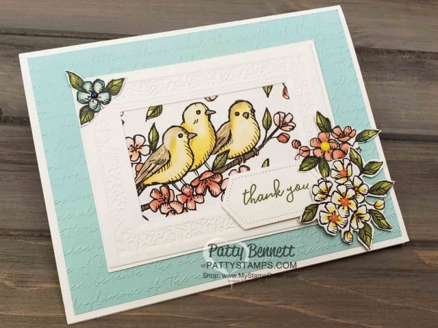 Bird Ballad designer paper from Stampin' Up! with Heirloom frames dies and 3D embossing folder frame, and Scripty embossing folder background. Handmade card by Patty Bennett, www.PattyStamps.com