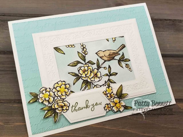 Bird Ballad designer paper from Stampin' Up! with Heirloom frames dies and 3D embossing folder frame, and Scripty embossing folder background. Handmade card by Patty Bennett, www.PattyStamps.com