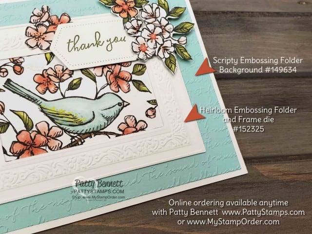 Bird Ballad designer paper from Stampin' Up! with Heirloom frames dies and 3D embossing folder frame, and Scripty embossing folder background. Handmade card by Patty Bennett, www.PattyStamps.com