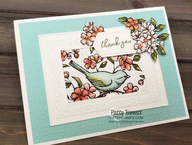 Bird Ballad designer paper from Stampin' Up! with Heirloom frames dies and 3D embossing folder frame, and Scripty embossing folder background. Handmade card by Patty Bennett, www.PattyStamps.com