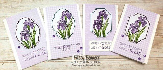 Stampin' Up! Inspiring Iris stamp set with Tags & More accessories kit die cut, and 6x6 designer paper pack background. By Patty Bennett www.PattyStamps.com
