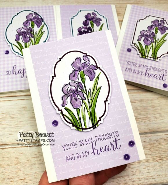 Stampin' Up! Inspiring Iris stamp set with Tags & More accessories kit die cut, and 6x6 designer paper pack background. By Patty Bennett www.PattyStamps.com