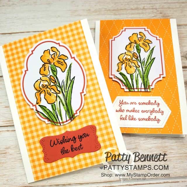 Stampin' Up! Inspiring Iris stamp set with Tags & More accessories kit die cut, and 6x6 designer paper pack background. By Patty Bennett www.PattyStamps.com
