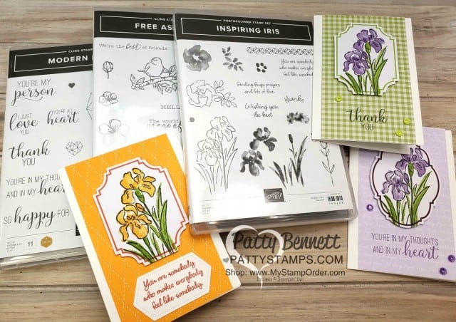 Stampin' Up! Inspiring Iris stamp set with Tags & More accessories kit die cut, and 6x6 designer paper pack background. By Patty Bennett www.PattyStamps.com