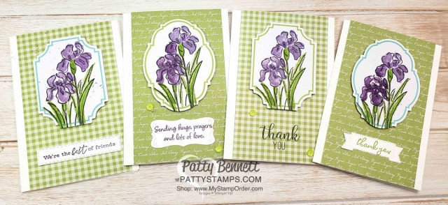 Stampin' Up! Inspiring Iris stamp set with Tags & More accessories kit die cut, and 6x6 designer paper pack background. By Patty Bennett www.PattyStamps.com