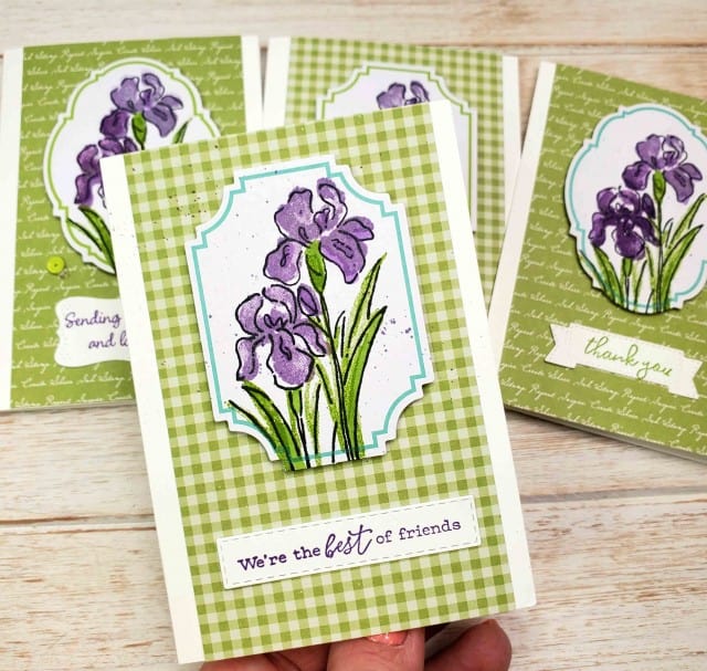 Stampin' Up! Inspiring Iris stamp set with Tags & More accessories kit die cut, and 6x6 designer paper pack background. By Patty Bennett www.PattyStamps.com