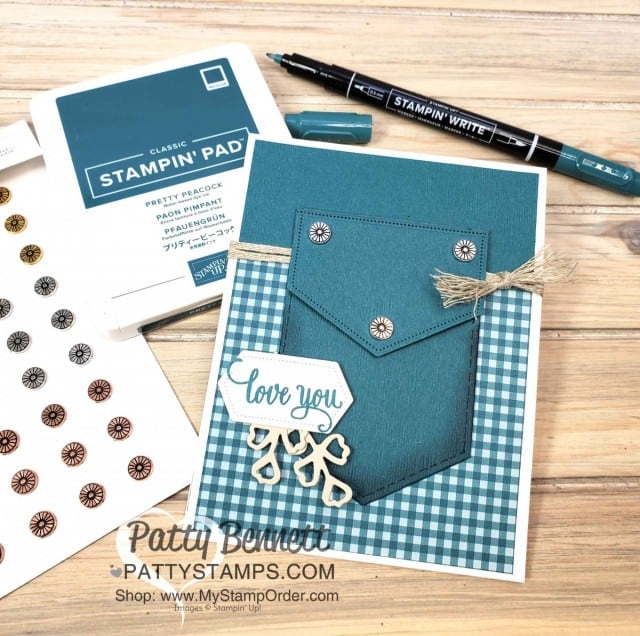 Stampin' Up! Pocket die paired with the Stitched Nested Label die creates a cute pocket card featuring Pretty Peacock - In Color for 2019-2021. card by Patty Bennett www.PattyStamps.com