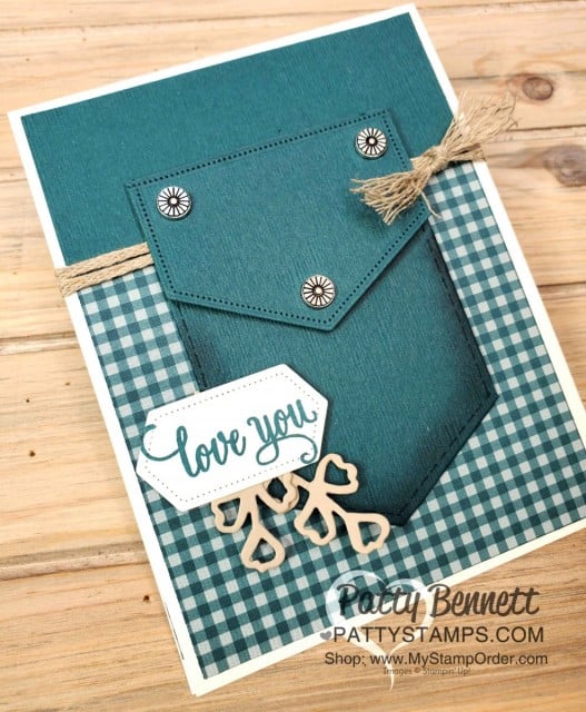 Stampin' Up! Pocket die paired with the Stitched Nested Label die creates a cute pocket card featuring Pretty Peacock - In Color for 2019-2021. card by Patty Bennett www.PattyStamps.com