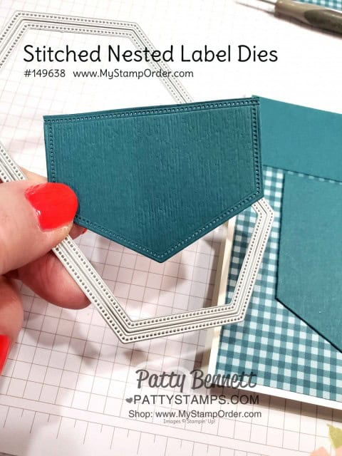 Stampin' Up! Pocket die paired with the Stitched Nested Label die creates a cute pocket card featuring Pretty Peacock - In Color for 2019-2021. card by Patty Bennett www.PattyStamps.com