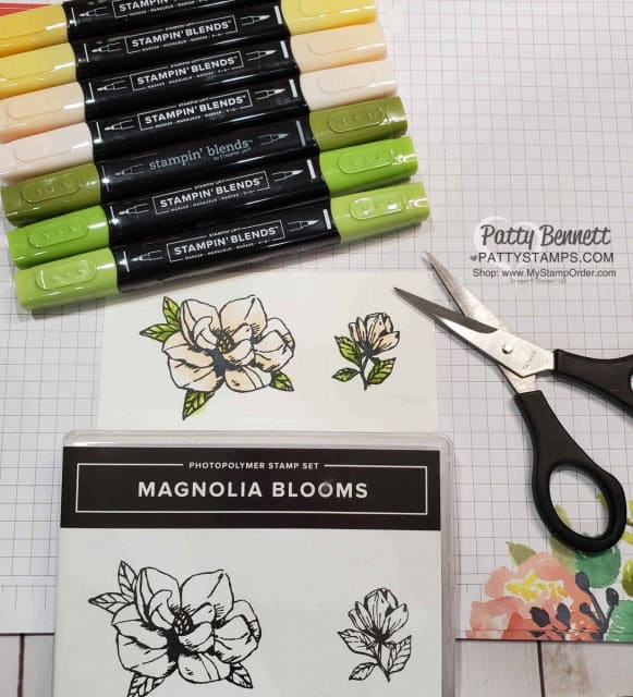 Coloring Magnolia Blooms stamp set with Stampin' Blends markers by Patty Bennett www.PattyStamps.com