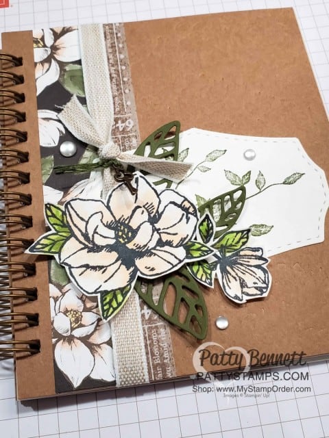Stampin' UP! Pressed Petals Gratitude Journal cover idea - Luv 2 Stamp Group event June 2019 by Patty Bennett. Magnolia Lane Suite accessories. www.PattyStamps.com