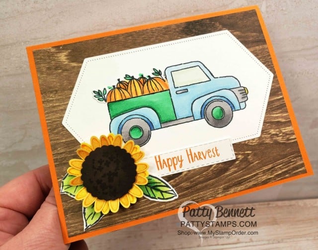 Stampin' Up! Ride with Me Fall truck card featuring pumkins colored with Stampin' Blends and a Sunflower created with the Medium Daisy Punch, by Patty Bennett, www.PattyStamps.com