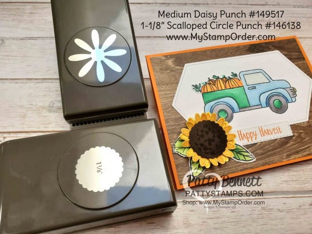 Stampin' Up! Ride with Me Fall truck card featuring pumkins colored with Stampin' Blends and a Sunflower created with the Medium Daisy Punch, by Patty Bennett, www.PattyStamps.com