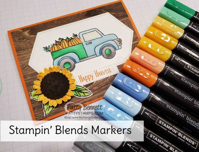 Stampin' Up! Ride with Me Fall truck card featuring pumkins colored with Stampin' Blends and a Sunflower created with the Medium Daisy Punch, by Patty Bennett, www.PattyStamps.com