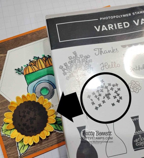 Stampin' Up! Ride with Me Fall truck card featuring pumkins colored with Stampin' Blends and a Sunflower created with the Medium Daisy Punch, by Patty Bennett, www.PattyStamps.com