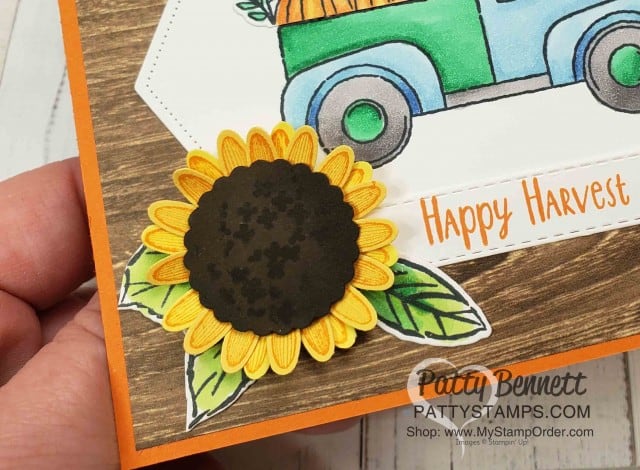 Stampin' Up! Ride with Me Fall truck card featuring pumkins colored with Stampin' Blends and a Sunflower created with the Medium Daisy Punch, by Patty Bennett, www.PattyStamps.com