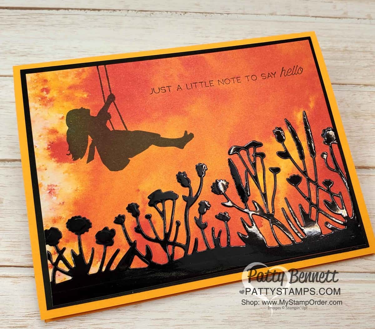 Stampin' Up! Friendly Silhouettes dies cut with Black Foil paper, with See a Silhouette designer paper background. card by Patty Bennett, www.PattyStamps.com