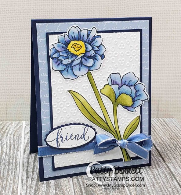 Stampin' Up! Band Together Stamp Set, #149231 colored with Stampin' Blends alcohol markers in blue. Custom colored ribbon with Stampin' Blends. Eyelet Lace embossing folder background. by Patty Bennett www.PattyStamps.com