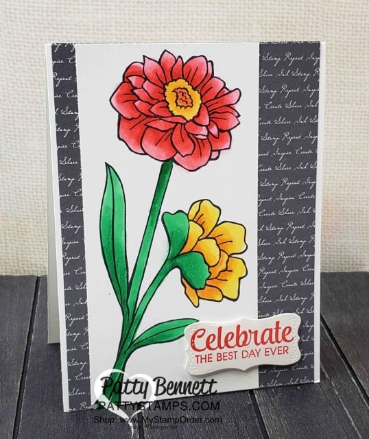 Stampin' Up! Band Together stamp set card idea featuring coloring with Stampin' Blends markers and script designer paper background by Patty Bennett www.PattyStamps.com
