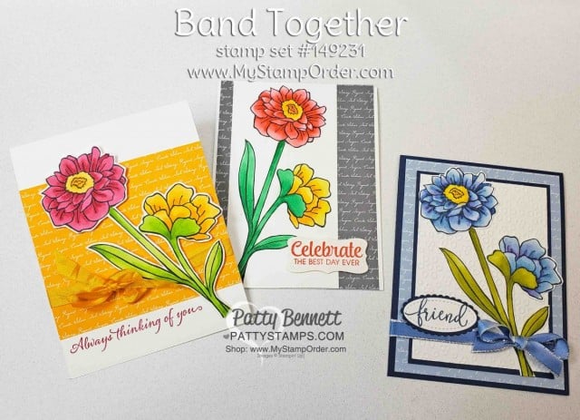3 card ideas featuring Stampin' Up! Band Together Stamp Set, #149231 colored with Stampin' Blends alcohol markers in blue. Custom colored ribbon with Stampin' Blends. Eyelet Lace embossing folder background. by Patty Bennett www.PattyStamps.com
