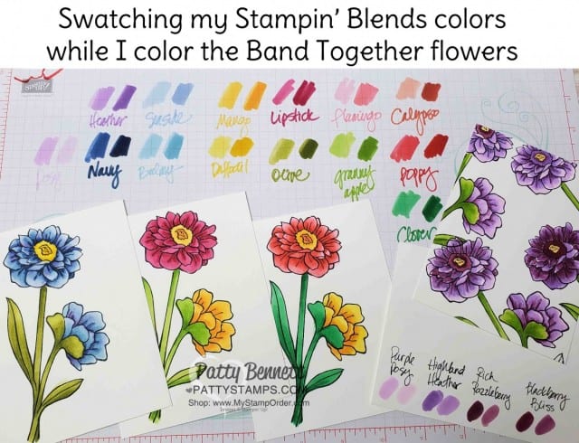 Color Swatching Stampin' Blends marker colors for the Stampin' Up! Band Together Stamp Set, #149231 colored with Stampin' Blends alcohol markers by Patty Bennett www.PattyStamps.com