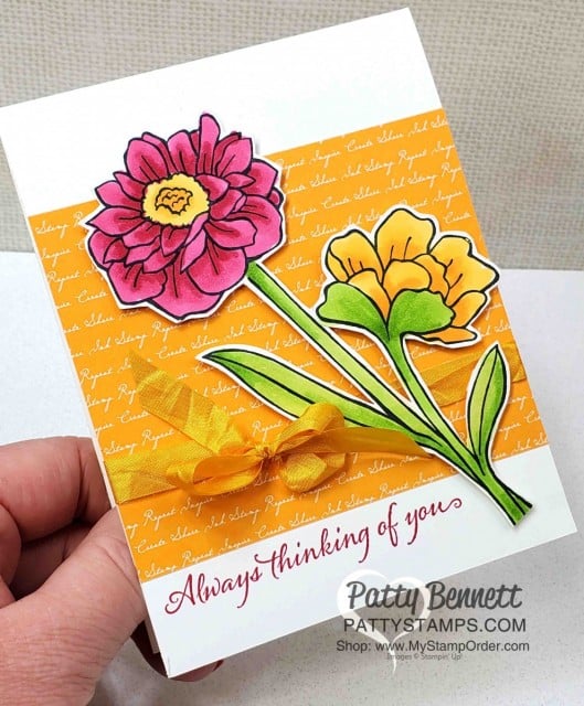 Stampin' Up! Band Together stamp set card idea featuring coloring with Stampin' Blends markers and script designer paper background by Patty Bennett www.PattyStamps.com