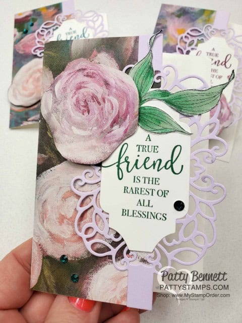 Perennial Essence designer paper note card featuring Detailed Bands die cuts, Stampin' Blends colored leaves from the Rare Blessings set, and Purple Posy cardstock, by Patty Bennett www.PattyStamps.com