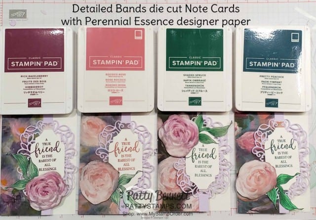 Stampin' UP! ink colors used for my Perennial Essence designer paper note card featuring Detailed Bands die cuts, Stampin' Blends colored leaves from the Rare Blessings set, and Purple Posy cardstock, by Patty Bennett www.PattyStamps.com
