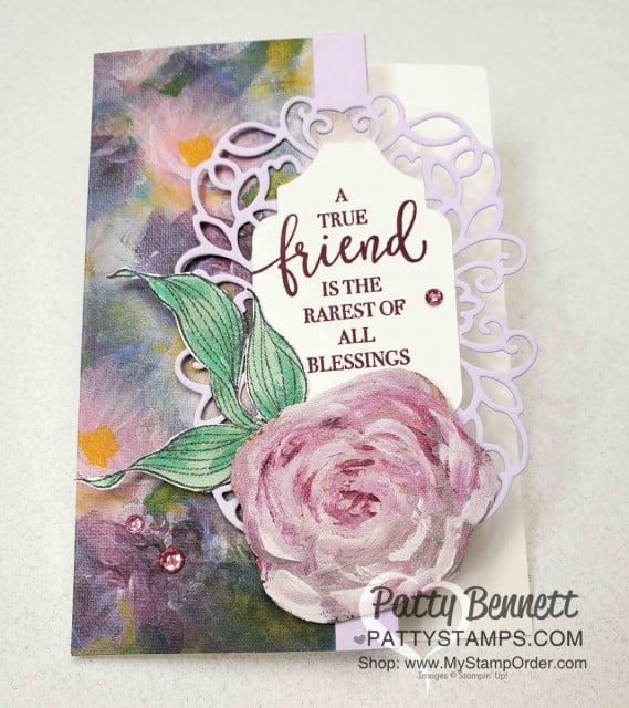 Perennial Essence designer paper note card featuring Detailed Bands die cuts, Stampin' Blends colored leaves from the Rare Blessings set, and Purple Posy cardstock, by Patty Bennett www.PattyStamps.com