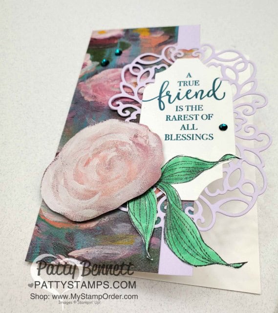 Perennial Essence designer paper note cards featuring Detailed Bands die cuts, Stampin' Blends colored leaves from the Rare Blessings set, and Purple Posy cardstock, by Patty Bennett www.PattyStamps.com