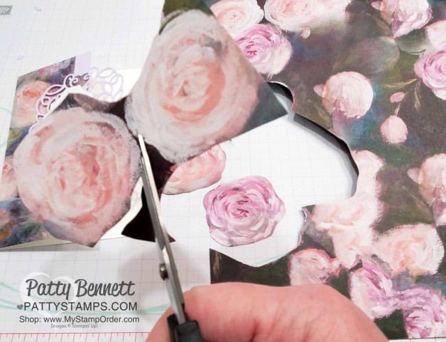 Fussy cut the flowers from the Stampin' UP! Perennial Essence designer paper to add to your handmade card. www.PattyStamps.com