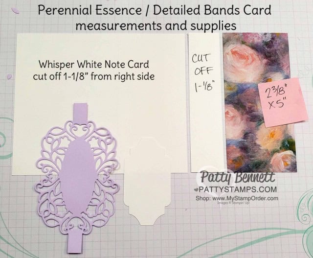 Stampin' UP! cardmaking supplies used for my Perennial Essence designer paper note card featuring Detailed Bands die cuts, Stampin' Blends colored leaves from the Rare Blessings set, and Purple Posy cardstock, by Patty Bennett www.PattyStamps.com