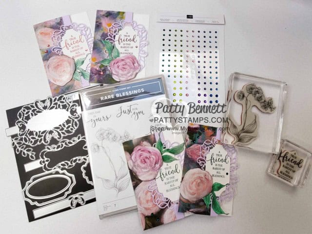 Stampin' UP! cardmaking supplies used for my Perennial Essence designer paper note card featuring Detailed Bands die cuts, Stampin' Blends colored leaves from the Rare Blessings set, and Purple Posy cardstock, by Patty Bennett www.PattyStamps.com