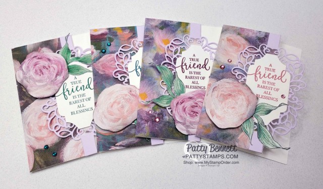 Perennial Essence designer paper note cards featuring Detailed Bands die cuts and Purple Posy cardstock, by Patty Bennett www.PattyStamps.com