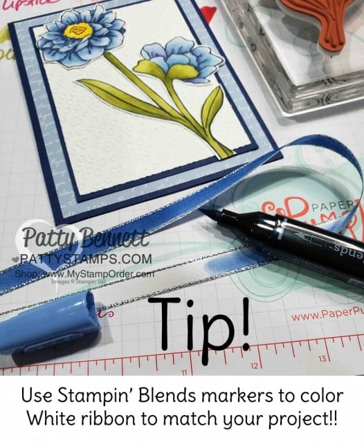 Stampin' Up! Band Together Stamp Set, #149231 colored with Stampin' Blends alcohol markers in blue. Custom colored ribbon with Stampin' Blends. Eyelet Lace embossing folder background. by Patty Bennett www.PattyStamps.com