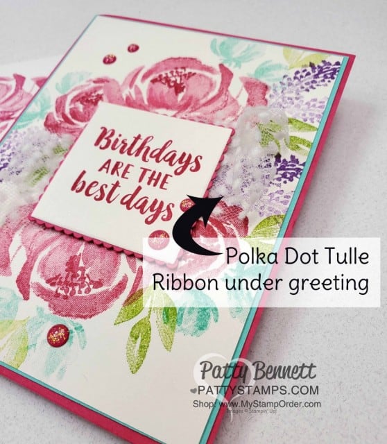 Ink Pad Color Combo for Beautiful Friendship Stampin' Up! flower card with Polka Dot Tulle Ribbon. www.PattyStamps.com