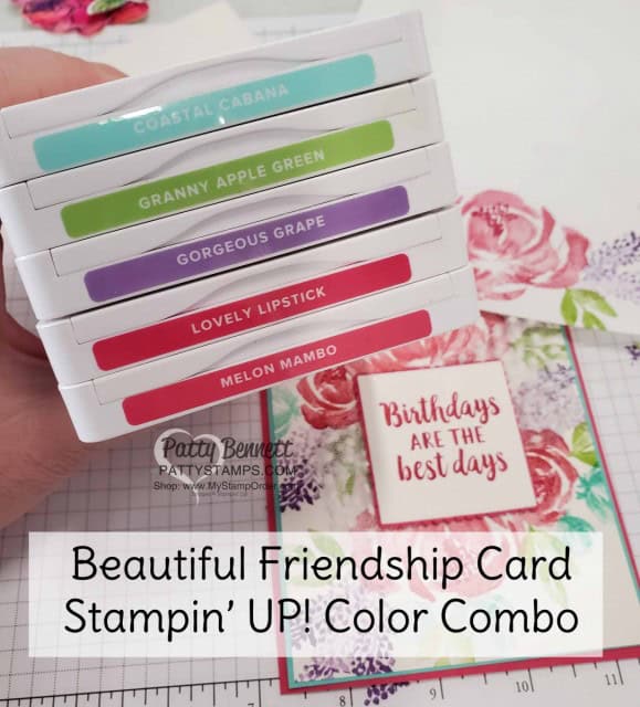 Ink Pad Color Combo for Beautiful Friendship Stampin' Up! flower card with Polka Dot Tulle Ribbon. www.PattyStamps.com