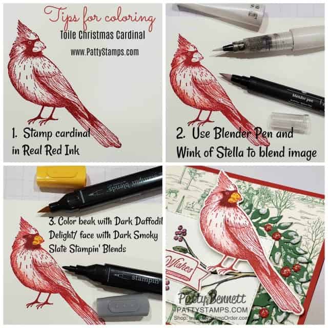 How to color the cardinal on the Toile Christmas Cardinal Card featuring the All-Around die cut wreath, by Patty Bennett, www.PattyStamps.com