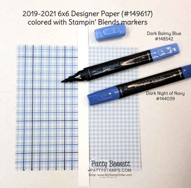 How to Alter Stampin' UP! Designer paper (DSP) with Stampin' Blends markers. 2019-2021 In Color designer paper and Balmy Blue / Night of Navy markers. Patty Bennett www.PattyStamps.com