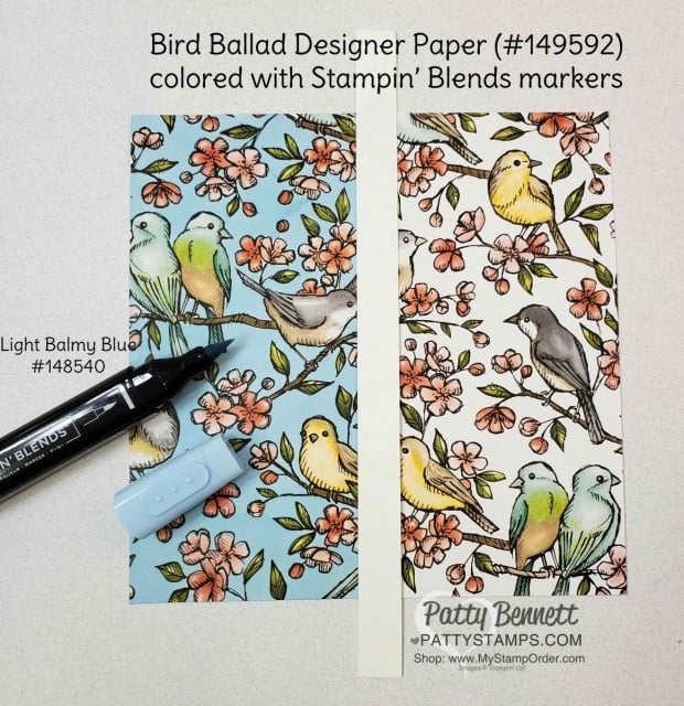 How to Alter Stampin' UP! Designer paper (DSP) with Stampin' Blends markers. Bird Ballad designer paper and Balmy Blue marker. Patty Bennett www.PattyStamps.com